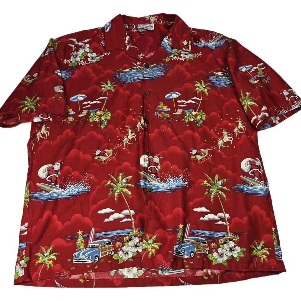 Hawaiian Shirt Size 2XL Pacific Legend Santa Christmas Surf Palm Trees Red Woody